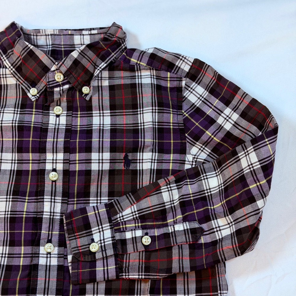 Ralph Lauren Boys Purple Plaid Button Down Shirt Size 5 Long Sleeve Cotton